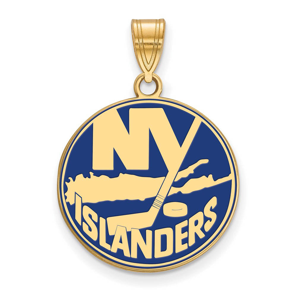 SS 14k Yellow Gold Plated NHL NY Islanders LG Enamel Disc Pendant, Item P30224 by The Black Bow Jewelry Co.