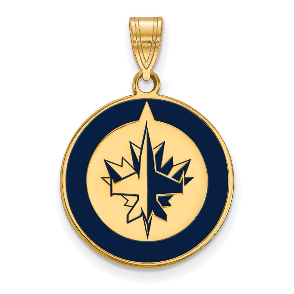 SS 14k Yellow Gold Plated NHL Winnipeg Jets LG Enamel Disc Pendant, Item P30228 by The Black Bow Jewelry Co.
