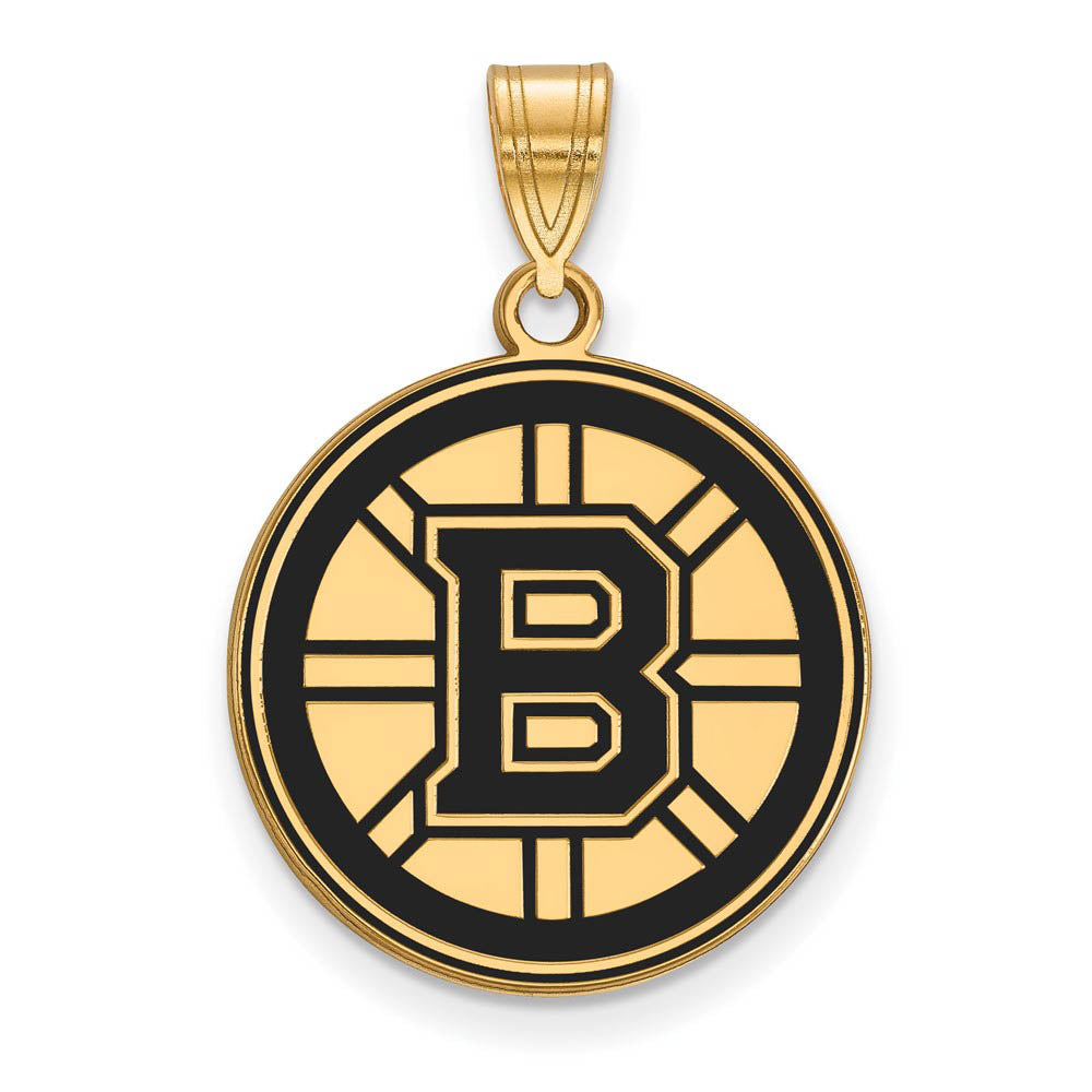 SS 14k Yellow Gold Plated NHL Boston Bruins LG Enamel Disc Pendant, Item P30233 by The Black Bow Jewelry Co.