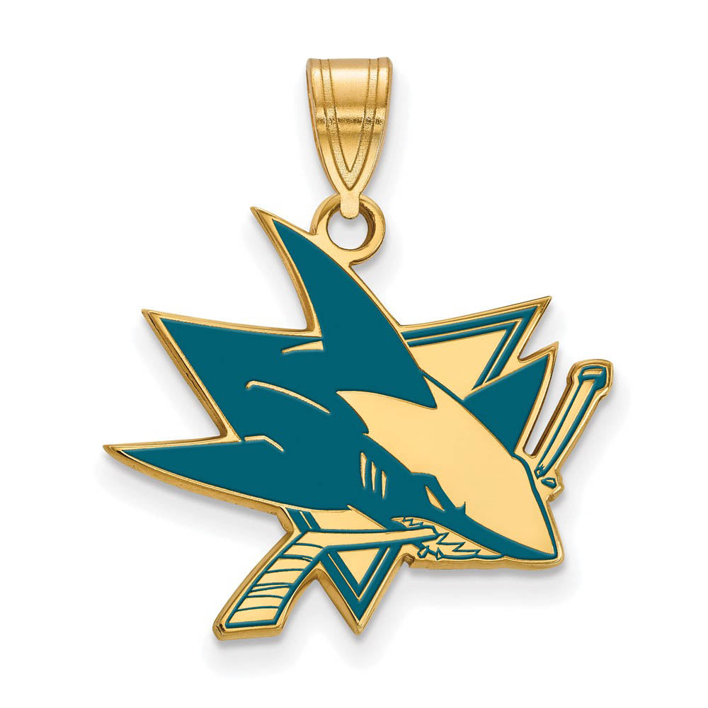 SS 14k Yellow Gold Plated NHL San Jose Sharks LG Enamel Pendant, Item P30241 by The Black Bow Jewelry Co.