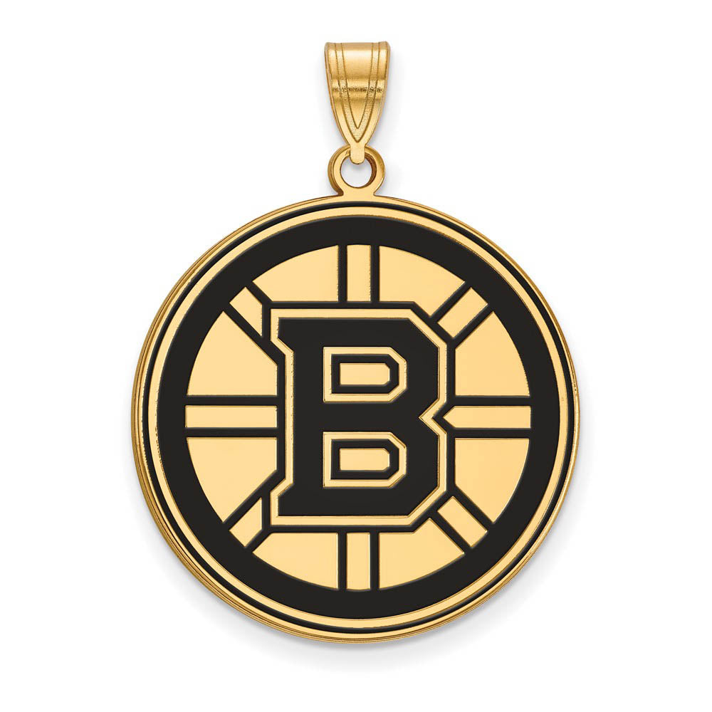 SS 14k Yellow Gold Plated NHL Boston Bruins XL Enamel Disc Pendant, Item P30246 by The Black Bow Jewelry Co.