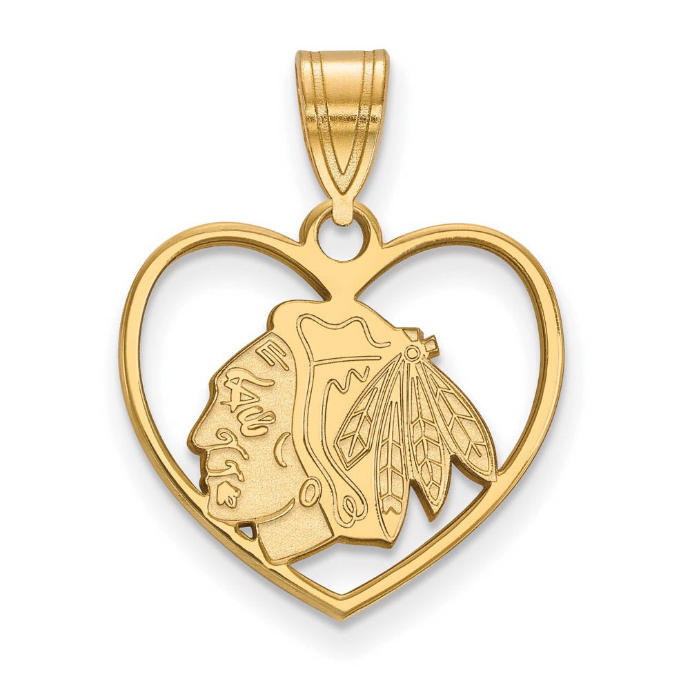 SS 14k Yellow Gold Plated NHL Chicago Blackhawks Heart Pendant, Item P30248 by The Black Bow Jewelry Co.