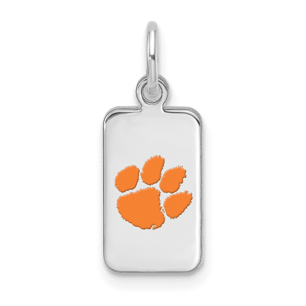 Sterling Silver Rhodium Plated Clemson XS Rectangle Enamel Tag Charm, Item P30670 by The Black Bow Jewelry Co.