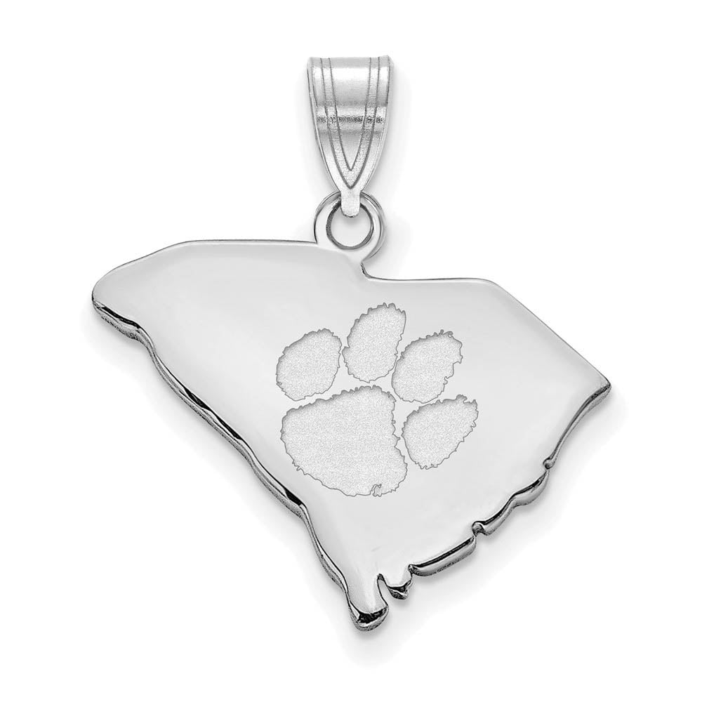 Sterling Silver Rhodium Plated Clemson University State Pendant, Item P30671 by The Black Bow Jewelry Co.