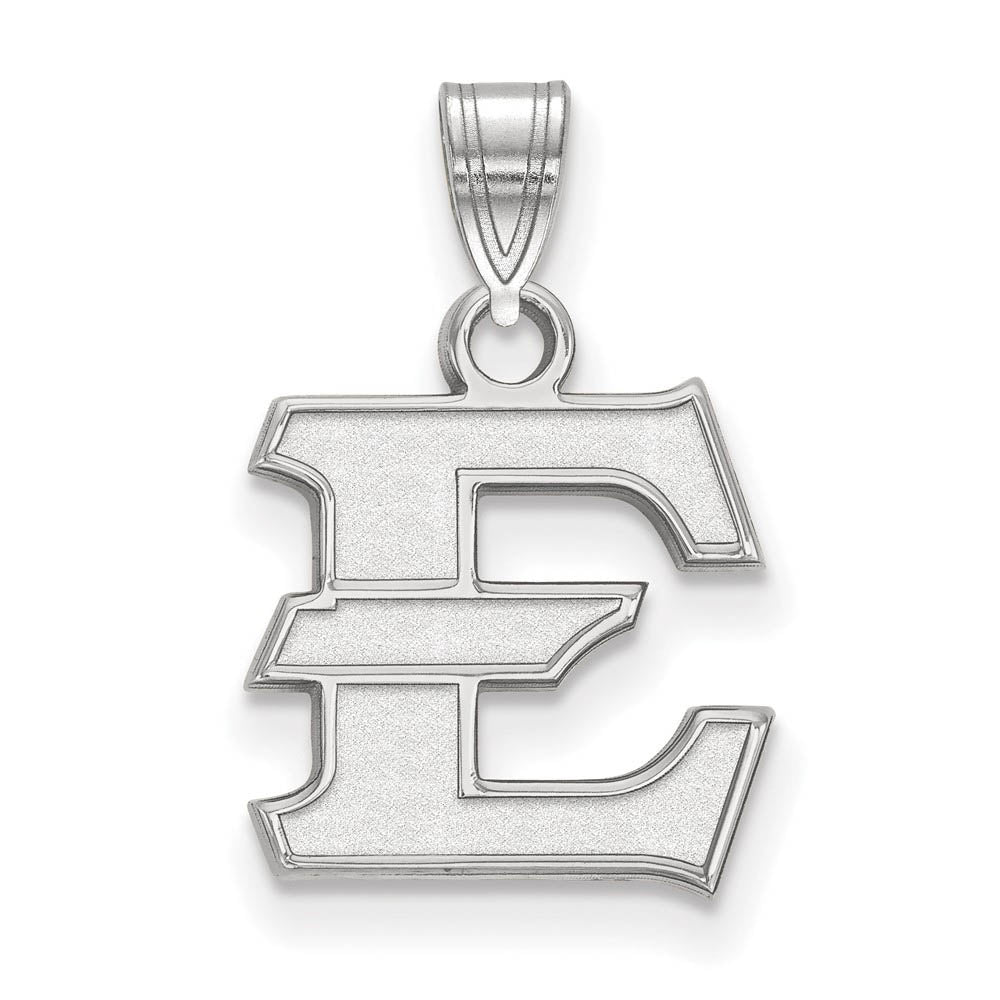 Sterling Silver Rhodium Plated East Tennessee State Small 'E' Pendant, Item P30684 by The Black Bow Jewelry Co.