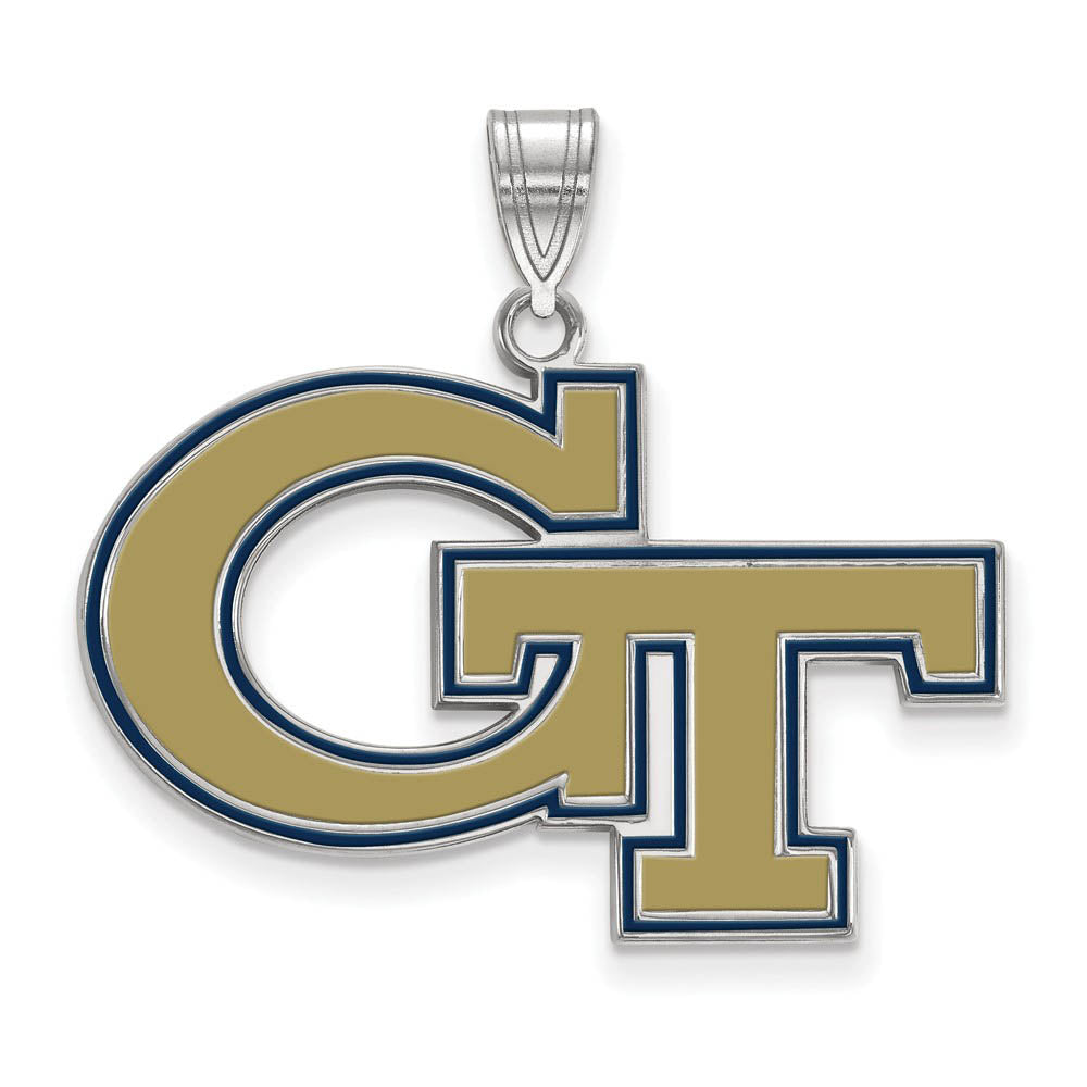 Sterling Silver Rhodium Plated Georgia Tech Large Enamel GT Pendant, Item P30709 by The Black Bow Jewelry Co.