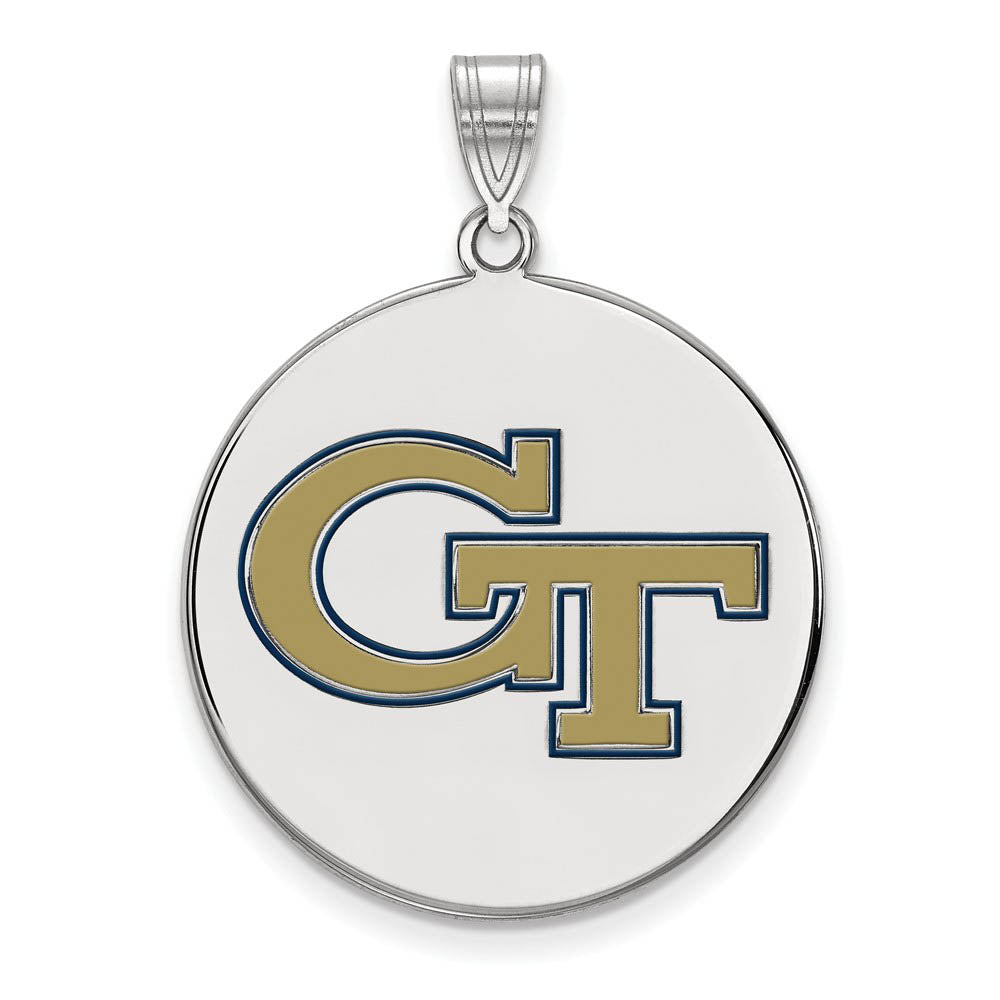Sterling Silver Rhodium Plated Georgia Tech XL Enamel Disc Pendant, Item P30710 by The Black Bow Jewelry Co.