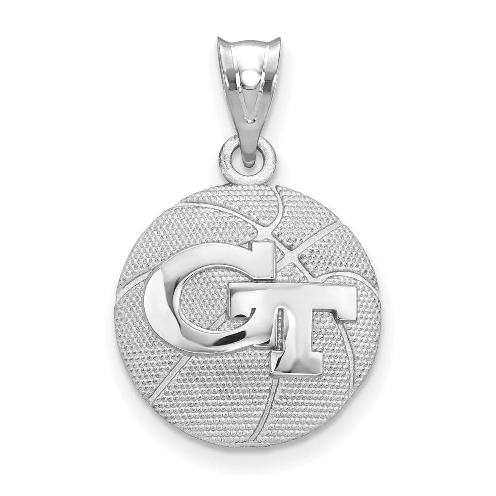 Sterling Silver Rhodium Plated Georgia Tech G-T Basketball Pendant, Item P30711 by The Black Bow Jewelry Co.