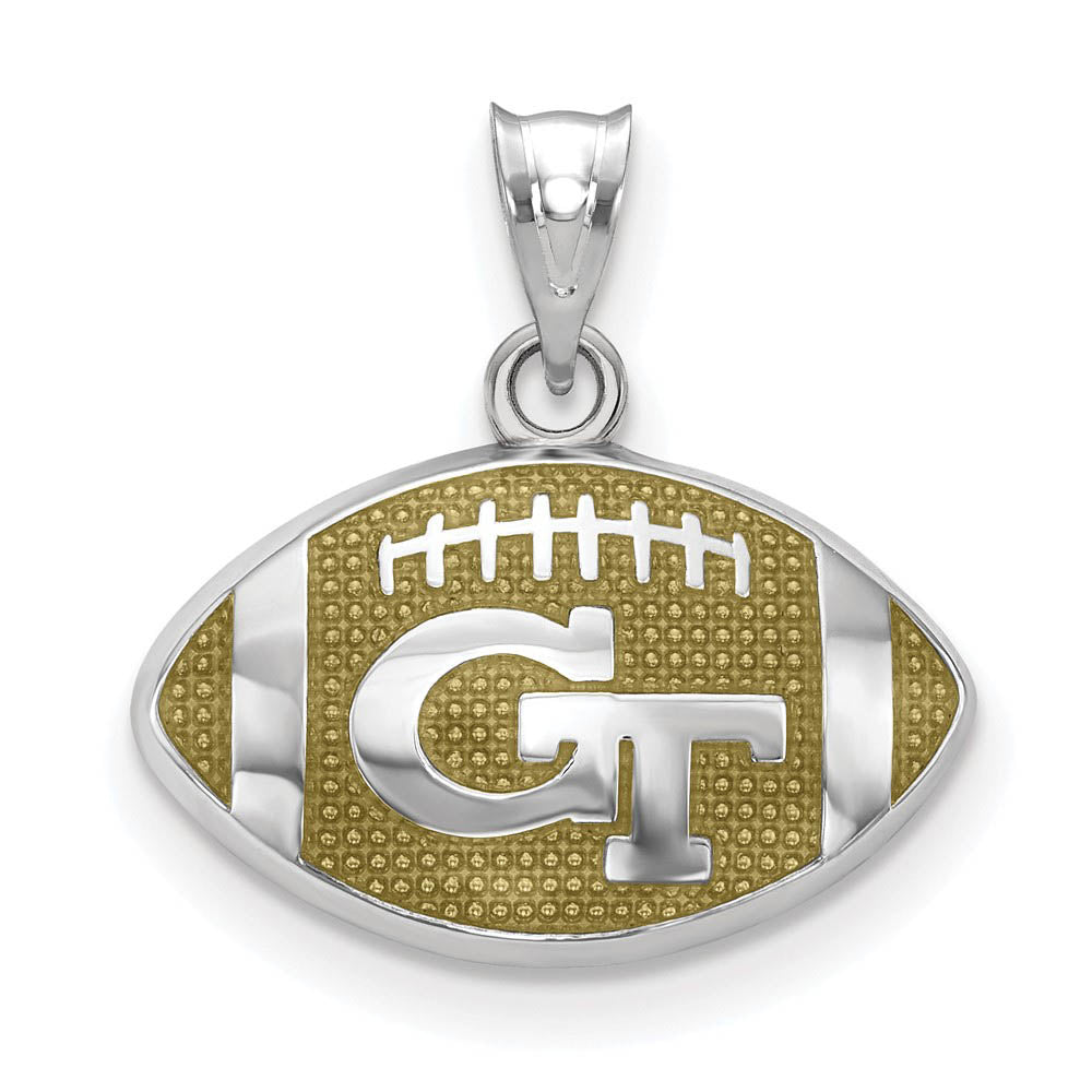 Sterling Silver Rhodium Plated Georgia Tech Enamel Football Pendant, Item P30712 by The Black Bow Jewelry Co.