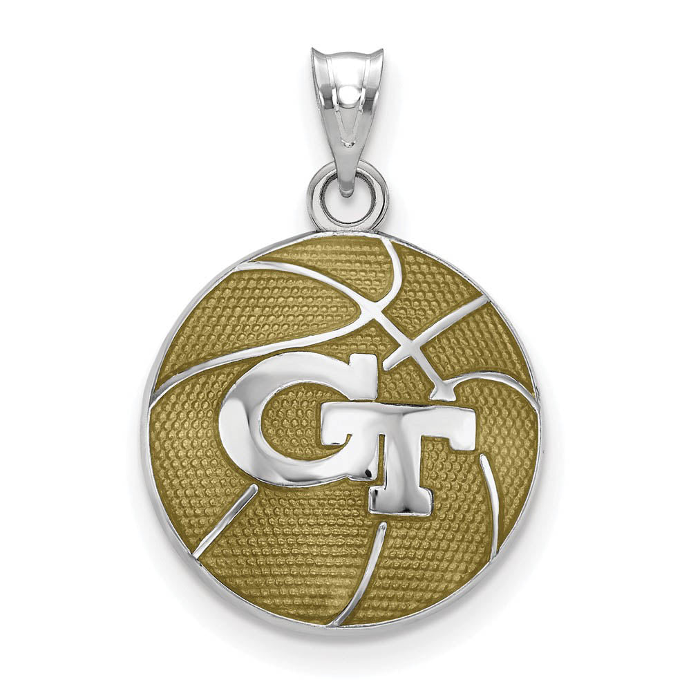 Sterling Silver Rhodium Plated Georgia Tech Enamel Basketball Pendant, Item P30713 by The Black Bow Jewelry Co.