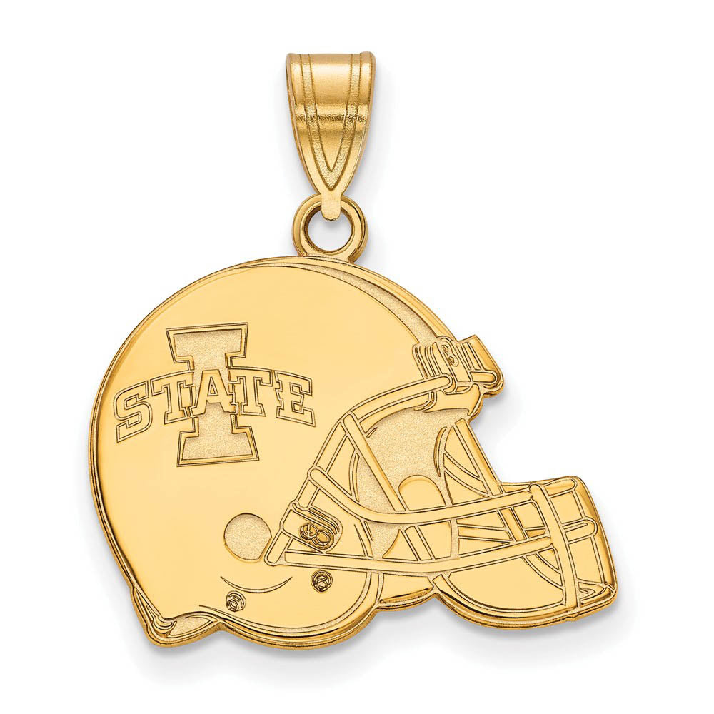 14K Yellow Gold Plated S.S. Iowa State Flat Football Helmet Pendant, Item P30721 by The Black Bow Jewelry Co.
