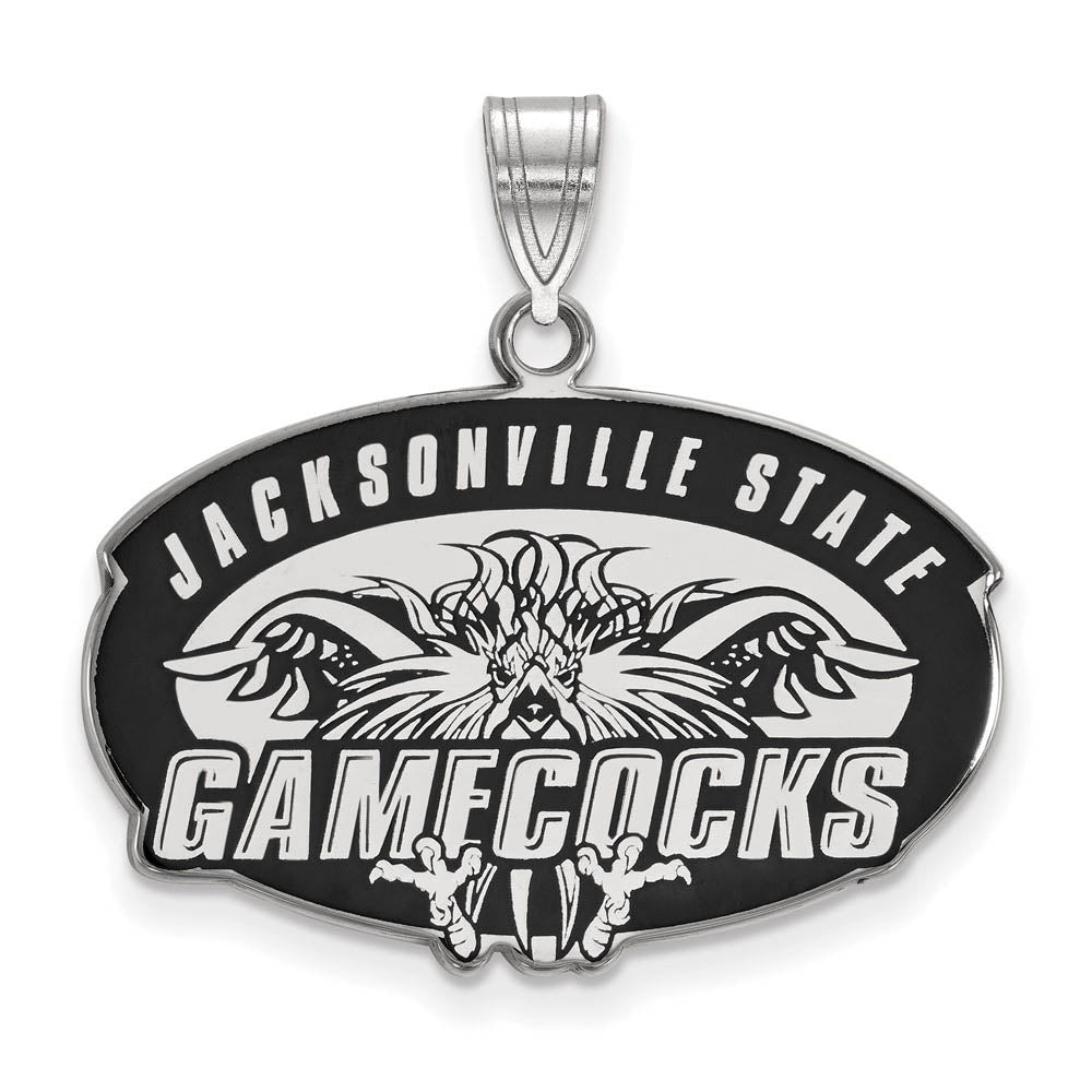 Sterling Silver Rhodium Plated Jacksonville State Large Enamel Pendant, Item P30724 by The Black Bow Jewelry Co.