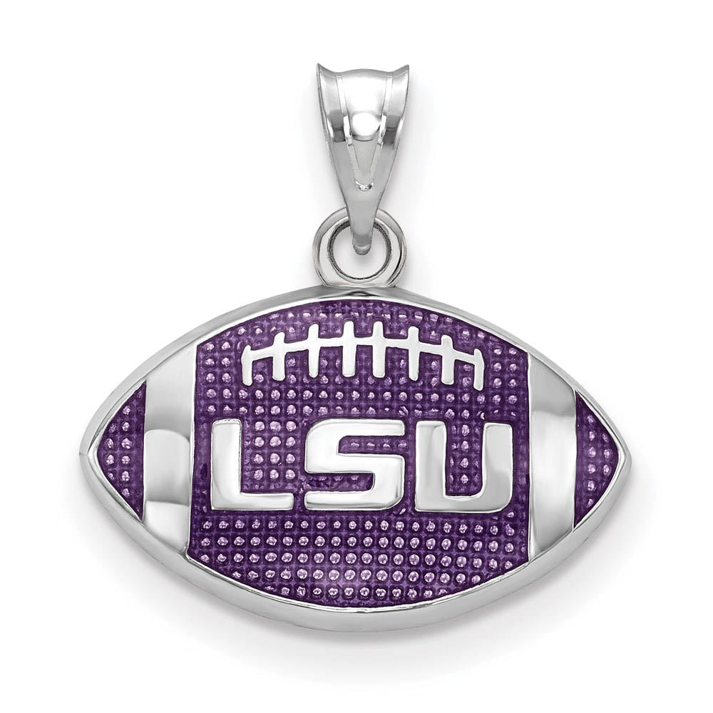 Sterling Silver Rhodium Plated Louisiana State Enamel Football Pendant, Item P30740 by The Black Bow Jewelry Co.