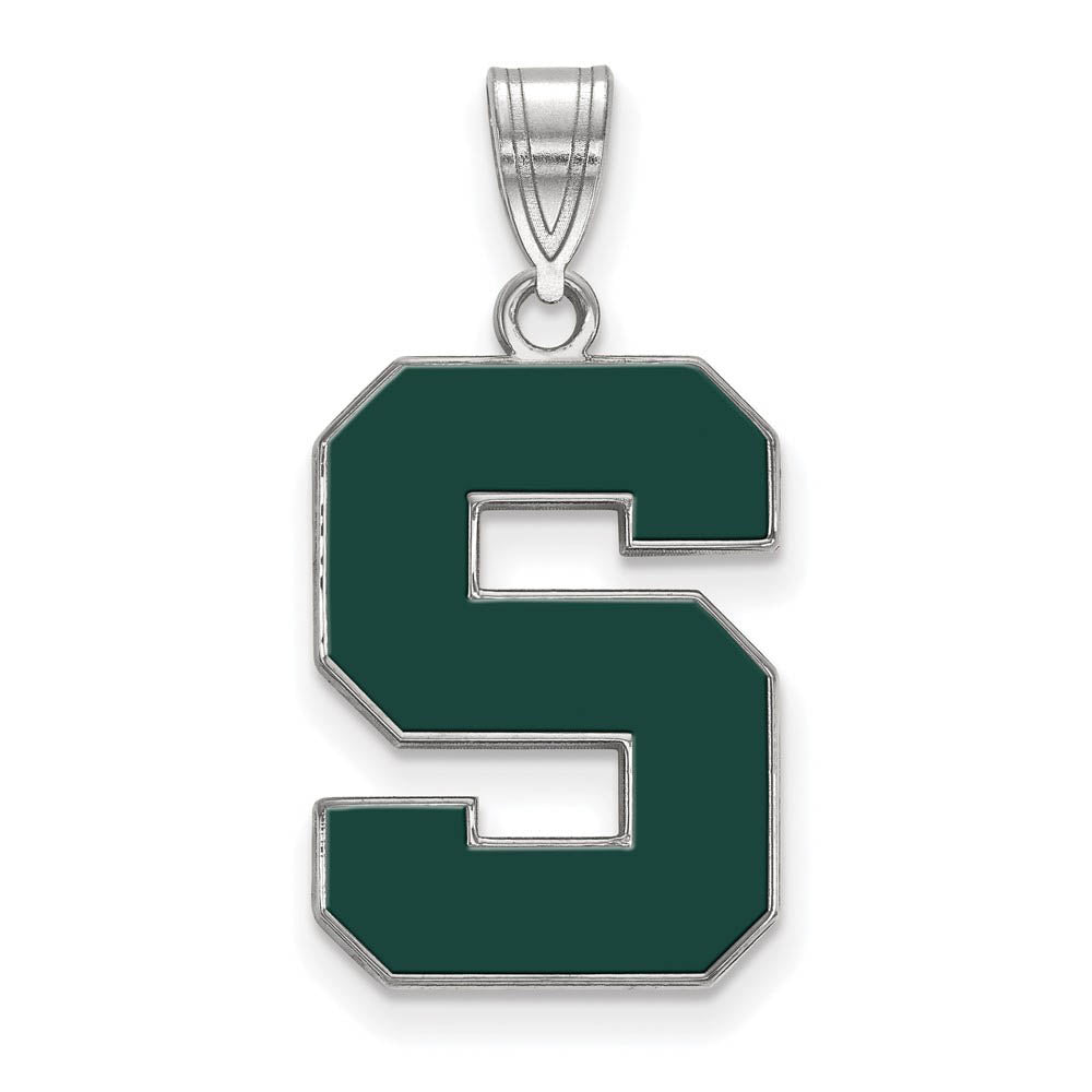 Sterling Silver Rhod-Plated Michigan State LG Enamel Initial S Pendant, Item P30743 by The Black Bow Jewelry Co.