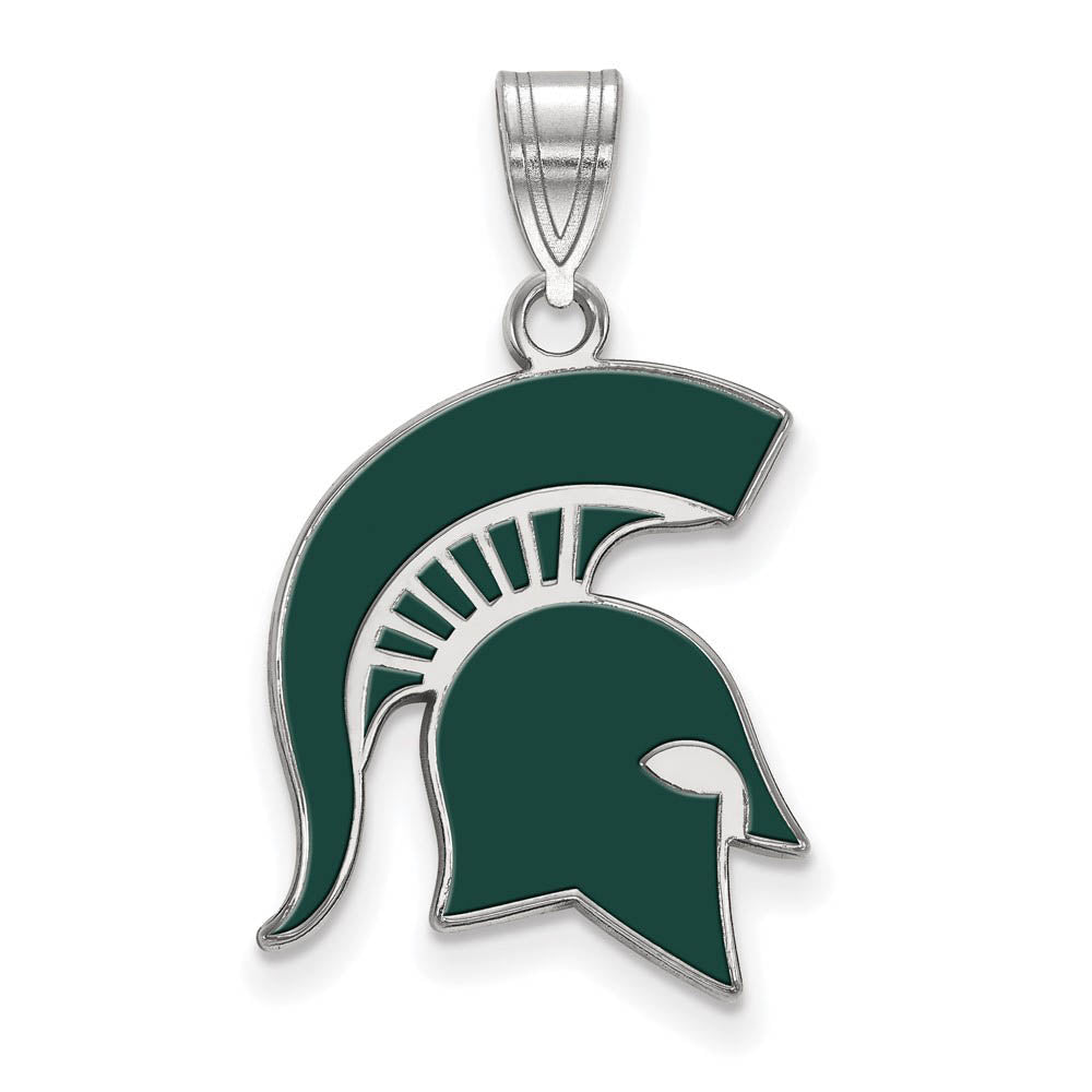 Sterling Silver Rhod-Plated Michigan State LG Enamel Spartan Pendant, Item P30744 by The Black Bow Jewelry Co.