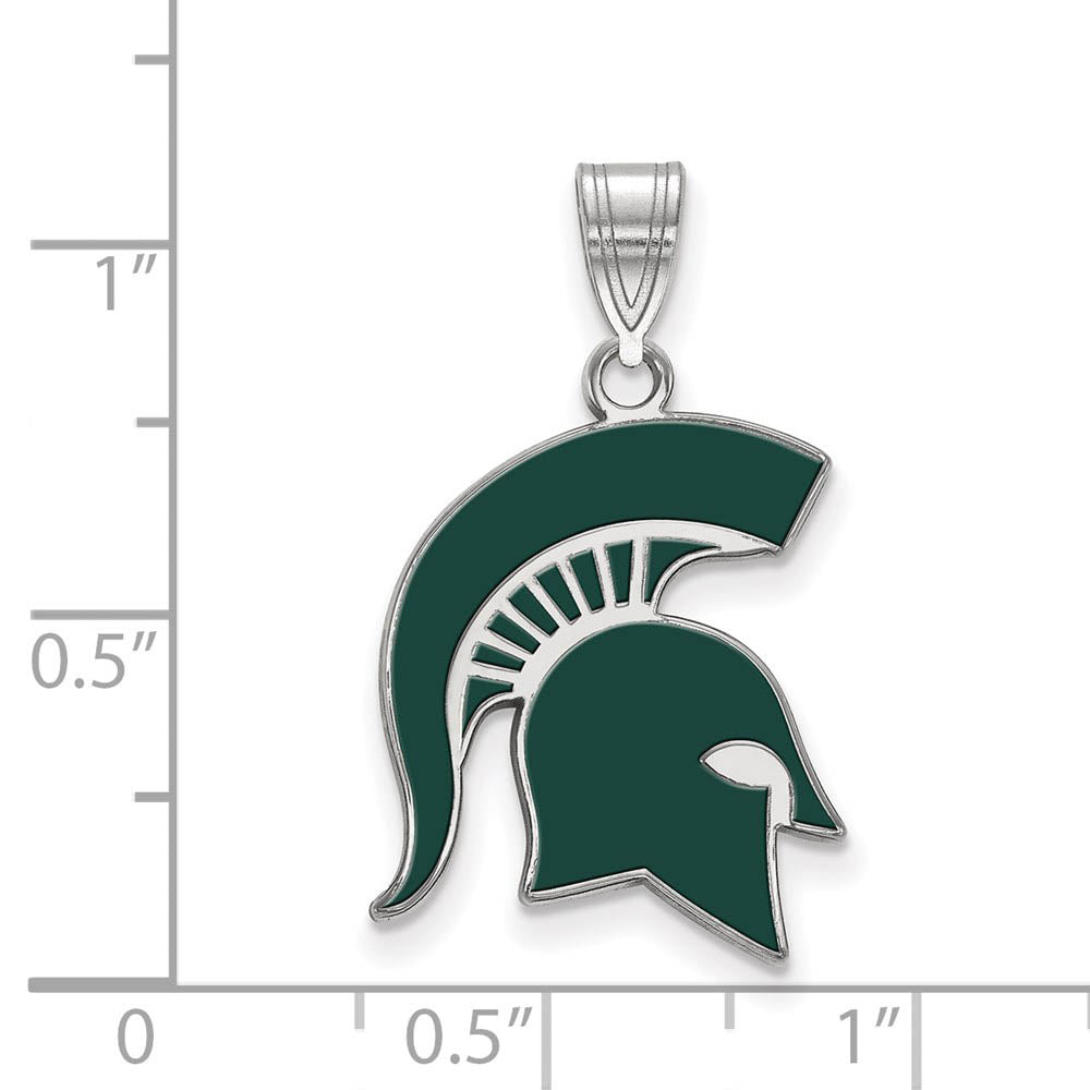 Alternate view of the Sterling Silver Rhod-Plated Michigan State LG Enamel Spartan Pendant by The Black Bow Jewelry Co.