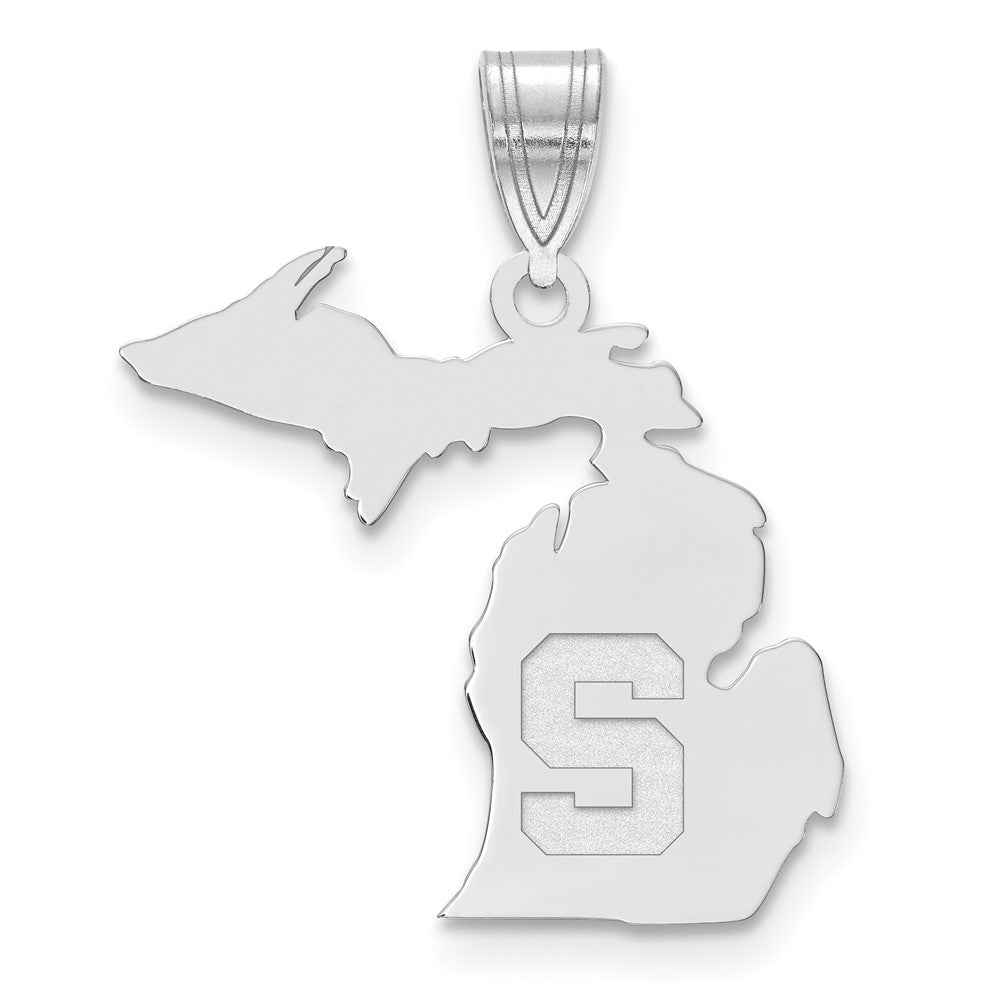 Sterling Silver Rhodium Plated Michigan State U. Large State Pendant, Item P30747 by The Black Bow Jewelry Co.