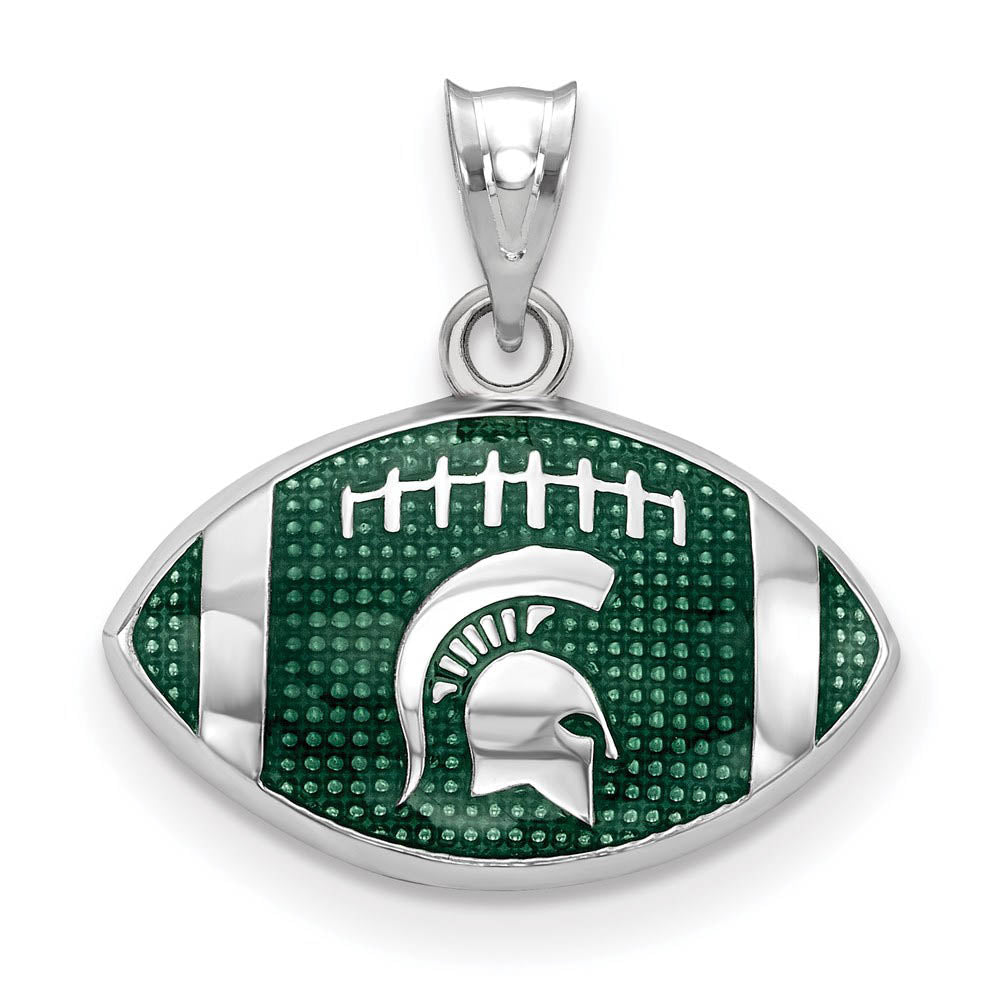 Sterling Silver Rhod-Plated Michigan State SM Enamel Football Pendant, Item P30749 by The Black Bow Jewelry Co.