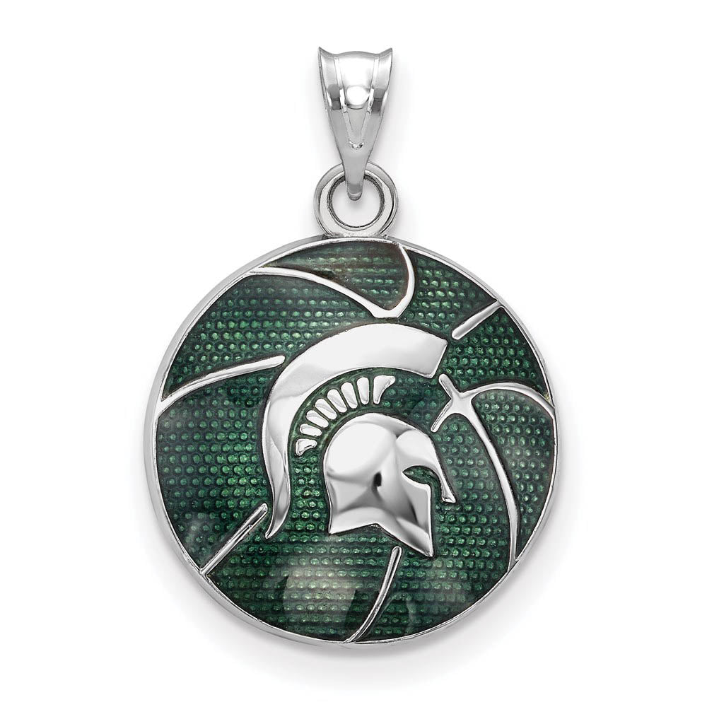 Sterling Silver Rhod-Plated Mich. State U. Enamel Basketball Pendant, Item P30750 by The Black Bow Jewelry Co.