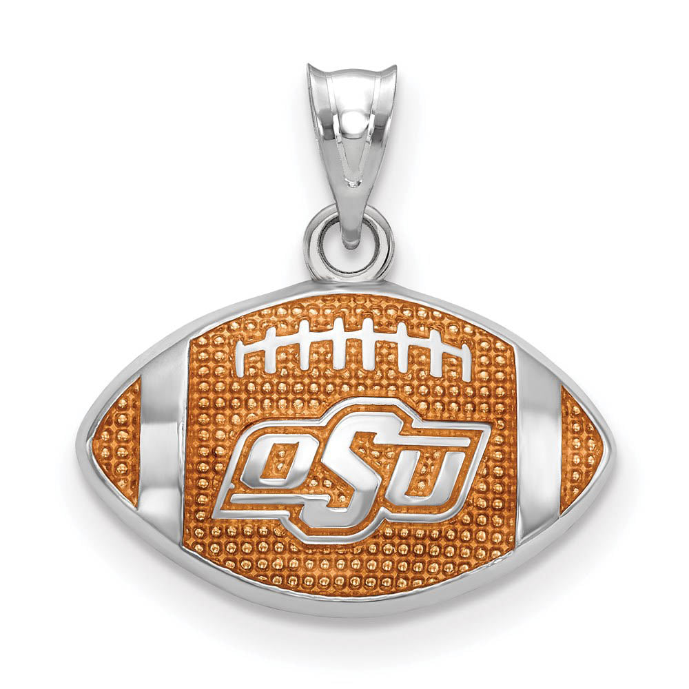 Sterling Silver Rhod-plated Oklahoma State U. Enamel Football Pendant, Item P30762 by The Black Bow Jewelry Co.