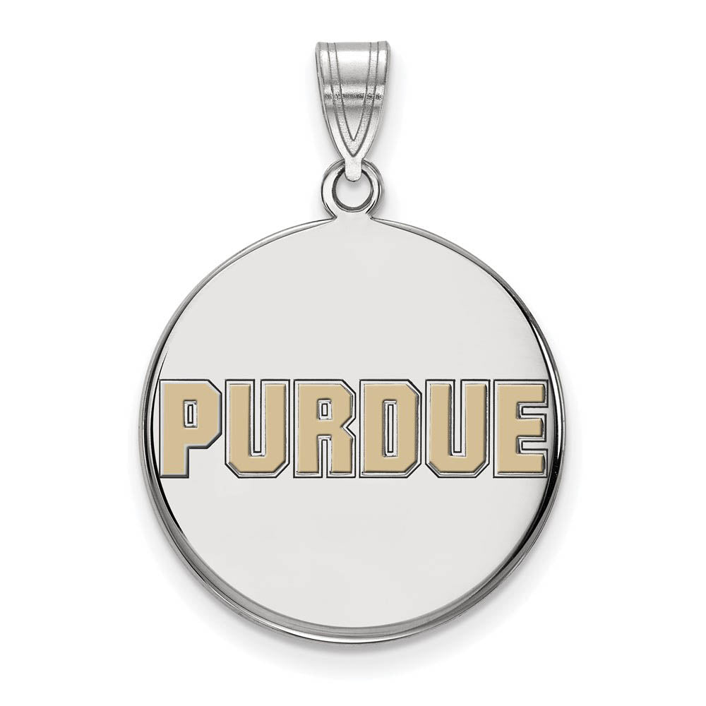 Sterling Silver Rhodium Plated Purdue U. Large Enamel Disc Pendant, Item P30771 by The Black Bow Jewelry Co.