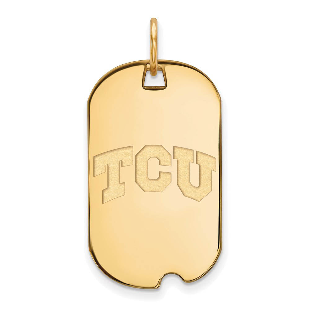 14K Yellow Gold Plated S. Silver Texas Christian SM Dog Tag Pendant, Item P30789 by The Black Bow Jewelry Co.