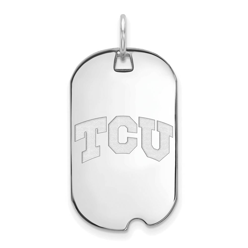 Sterling Silver Rhodium Plated Texas Christian Small Dog Tag Pendant, Item P30790 by The Black Bow Jewelry Co.