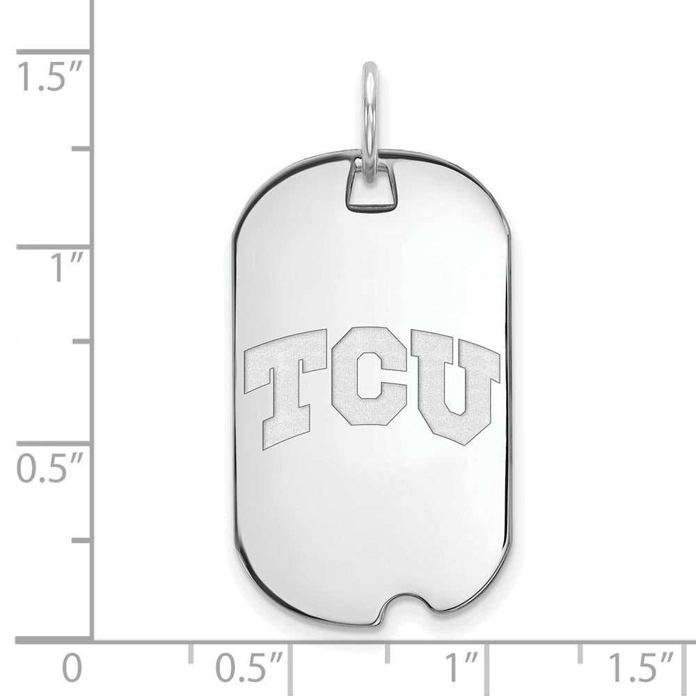 Alternate view of the Sterling Silver Rhodium Plated Texas Christian Small Dog Tag Pendant by The Black Bow Jewelry Co.