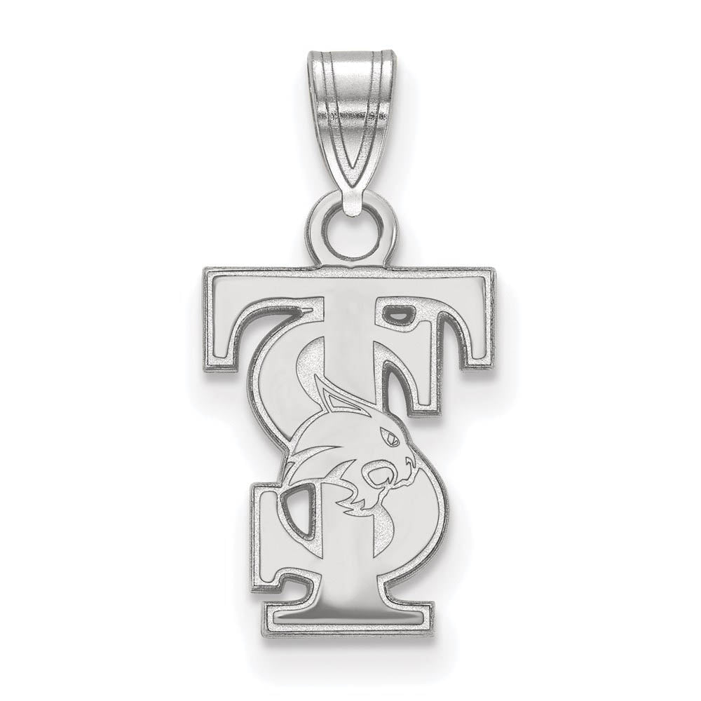 Sterling Silver Rhodium Plated Texas State University Small Pendant, Item P30792 by The Black Bow Jewelry Co.