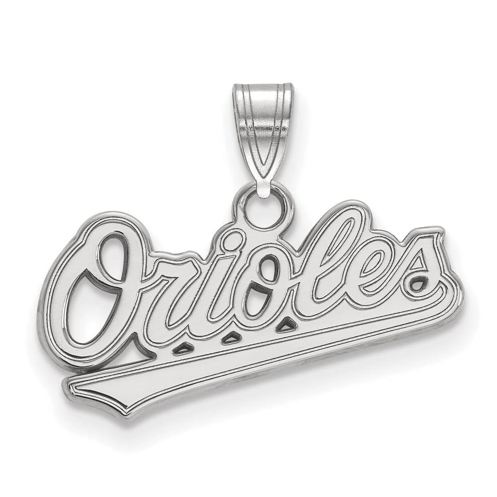 14K White Gold MLB Baltimore Orioles Small Script Pendant, Item P30926 by The Black Bow Jewelry Co.