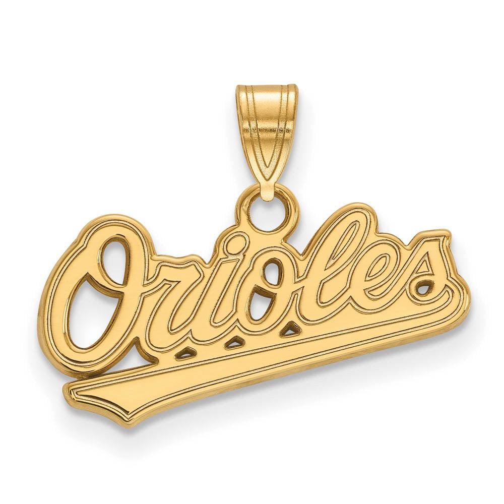 14K Gold Plated Silver MLB Baltimore Orioles SM Script Pendant, Item P30940 by The Black Bow Jewelry Co.