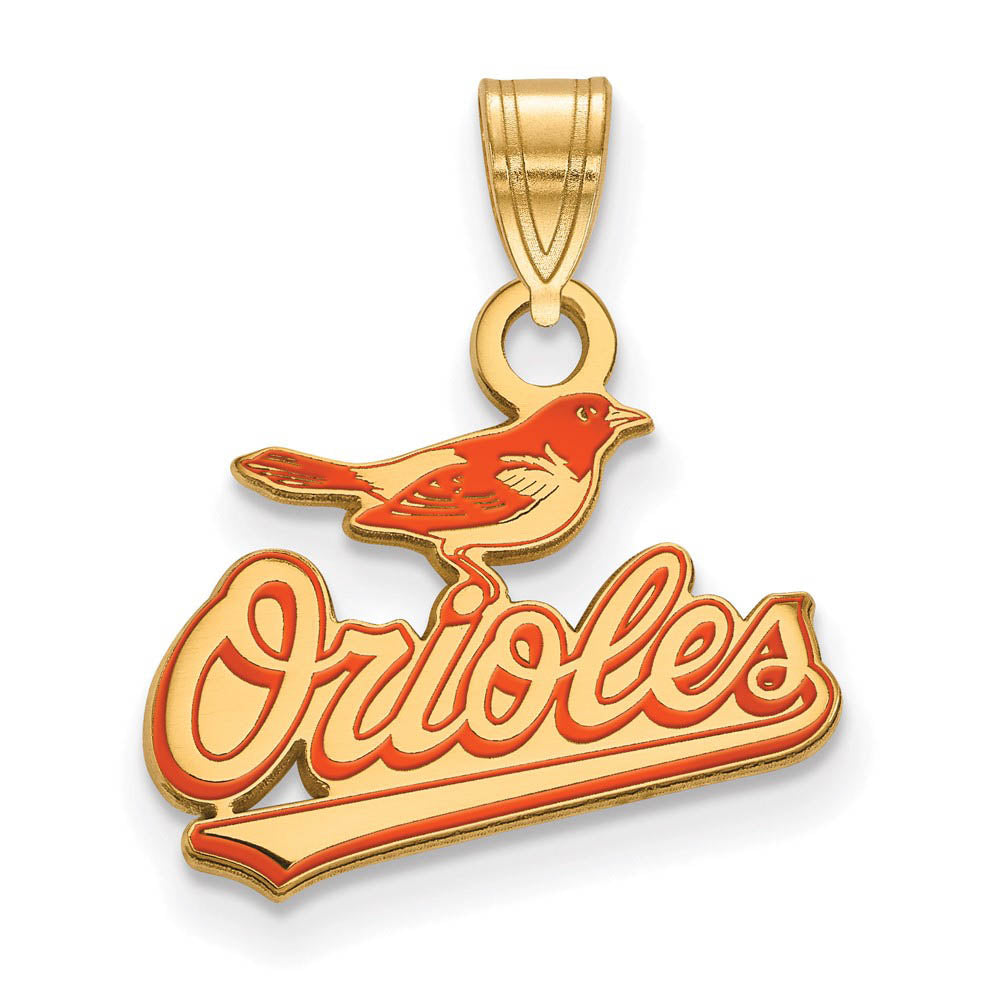 14K Gold Plated Silver MLB Baltimore Orioles SM Enamel Script Pendant, Item P30941 by The Black Bow Jewelry Co.