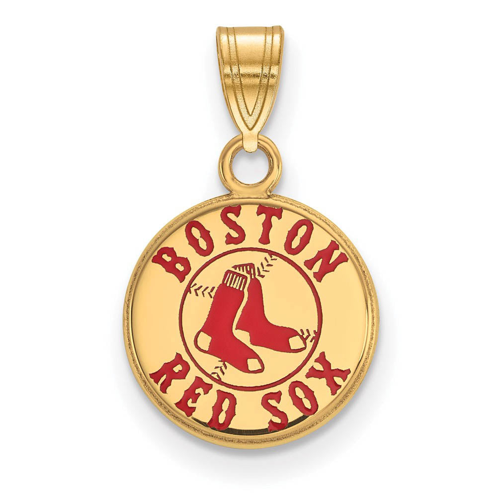 14K Gold Plated Silver MLB Boston Red Sox SM Enamel Disc Pendant, Item P31012 by The Black Bow Jewelry Co.