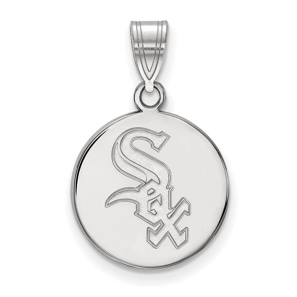 10K White Gold MLB Chicago White Sox Medium Script Disc Pendant, Item P31093 by The Black Bow Jewelry Co.
