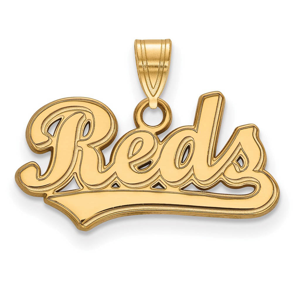 10K Yellow Gold MLB Cincinnati Reds Script Small Pendant, Item P31151 by The Black Bow Jewelry Co.
