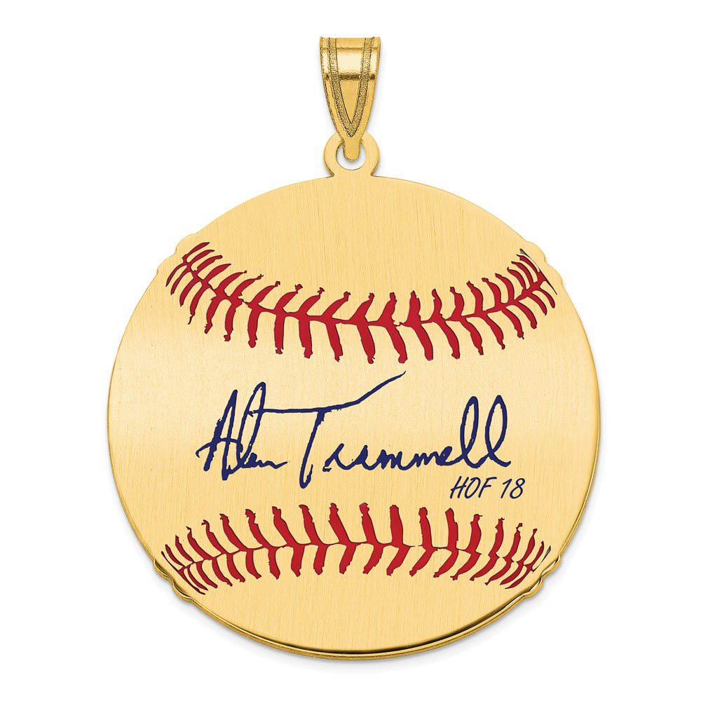 14K Gold Plated Alan Trammell Signature LG Enamel Baseball Pendant, Item P31171 by The Black Bow Jewelry Co.