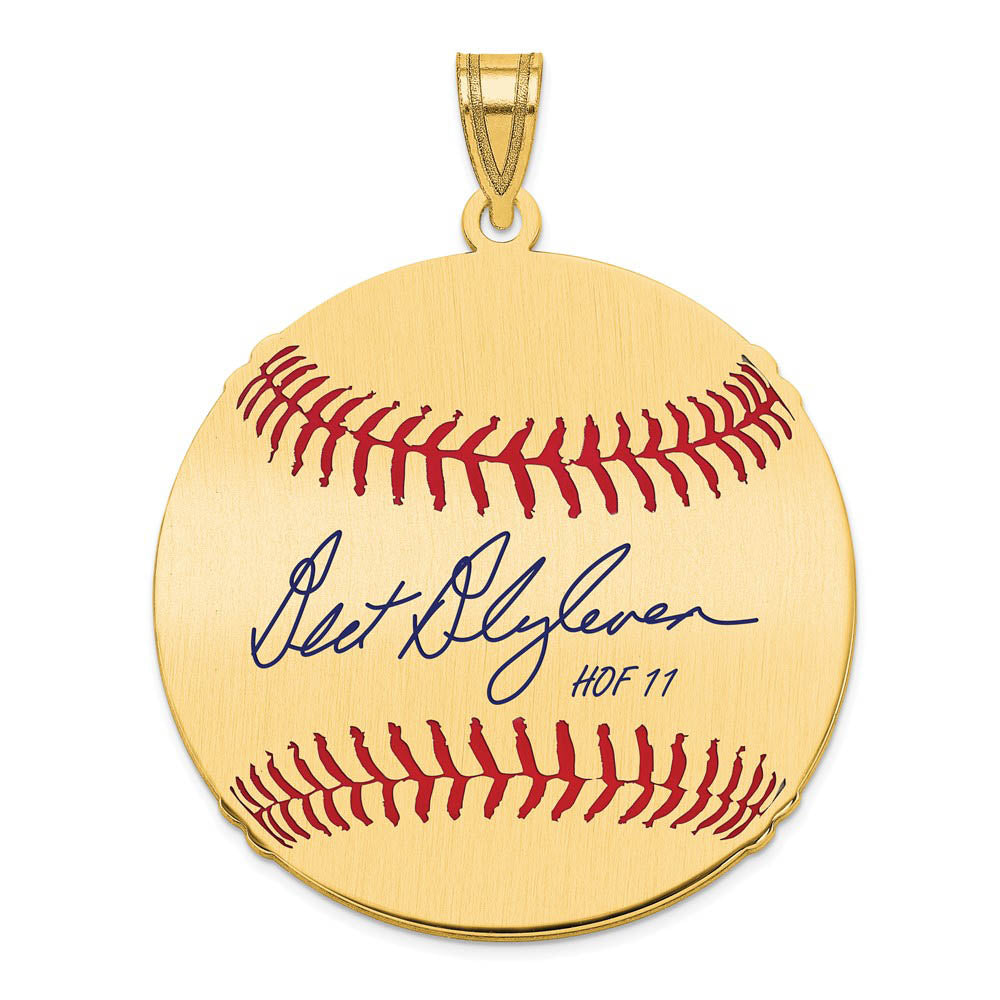 14K Gold Plated Bert Blyleven Signature LG Enamel Baseball Pendant, Item P31172 by The Black Bow Jewelry Co.