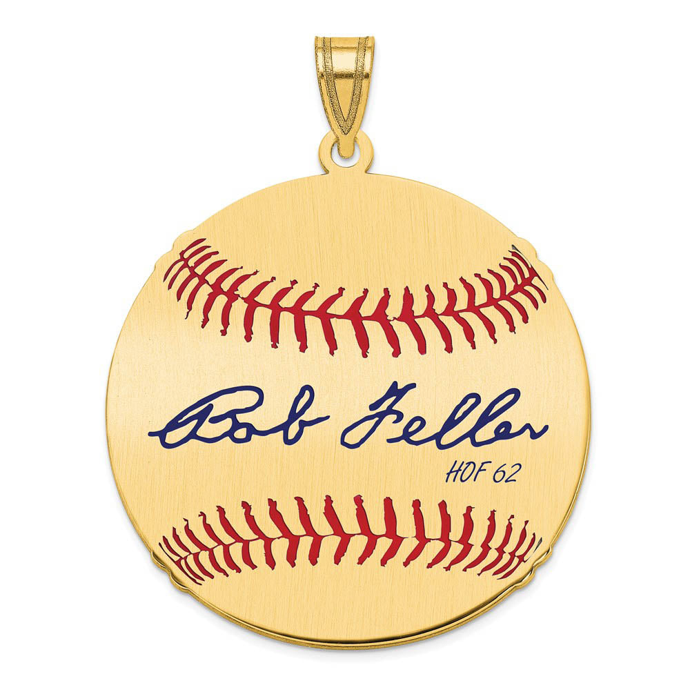 14K Gold Plated Bob Feller Signature LG Enamel Baseball Pendant, Item P31174 by The Black Bow Jewelry Co.