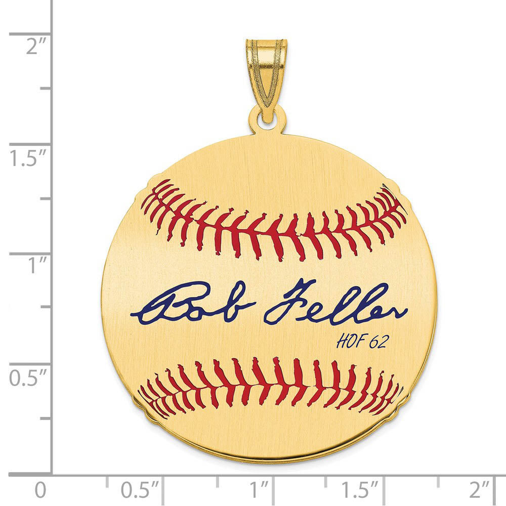 Alternate view of the 14K Gold Plated Bob Feller Signature LG Enamel Baseball Pendant by The Black Bow Jewelry Co.