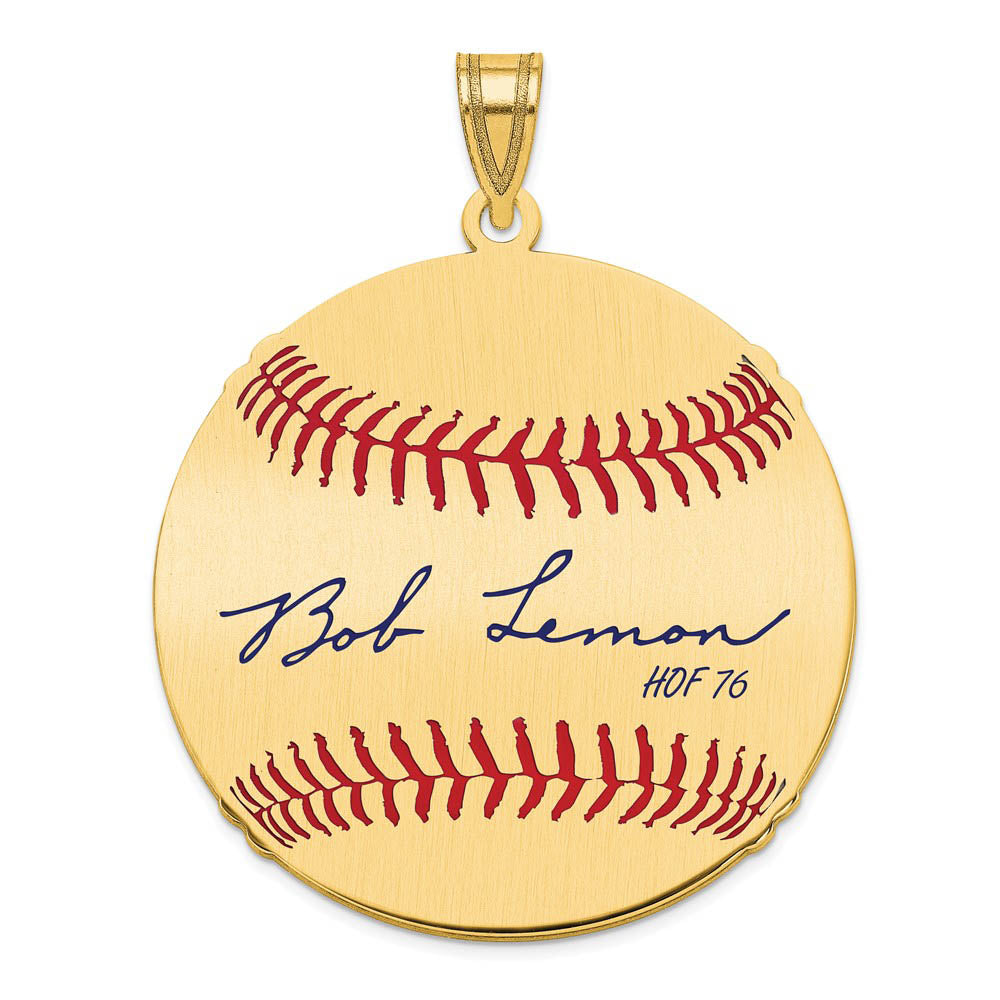 14K Gold Plated Bob Lemon Signature LG Enamel Baseball Pendant, Item P31177 by The Black Bow Jewelry Co.