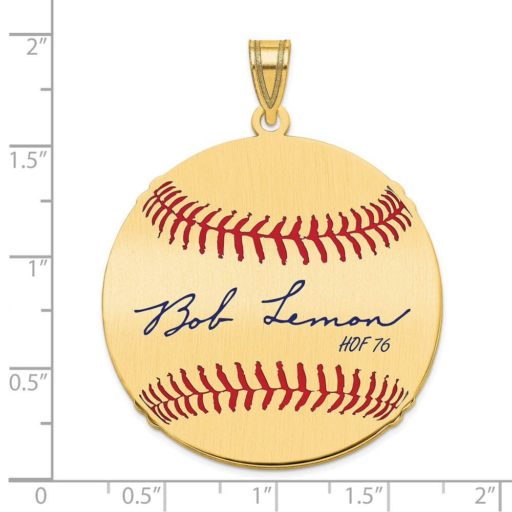 Alternate view of the 14K Gold Plated Bob Lemon Signature LG Enamel Baseball Pendant by The Black Bow Jewelry Co.