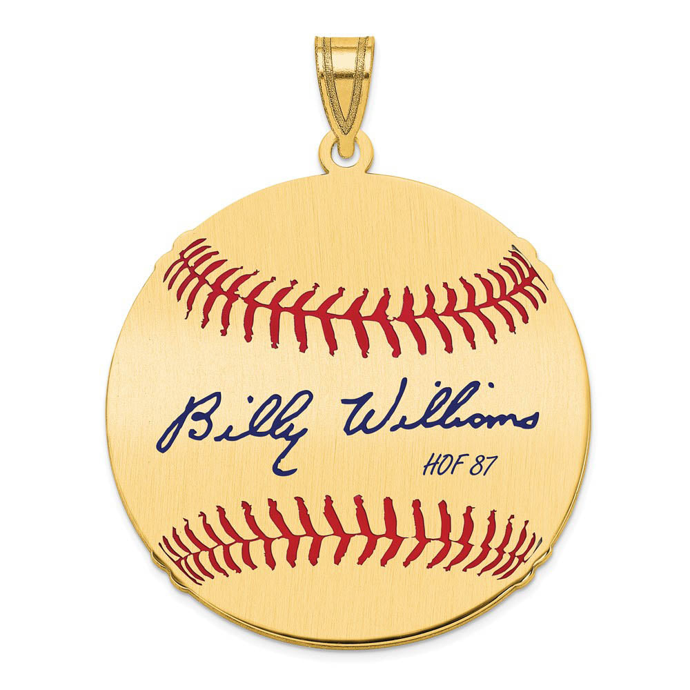 14K Gold Plated Billy Williams Signature LG Enamel Baseball Pendant, Item P31181 by The Black Bow Jewelry Co.