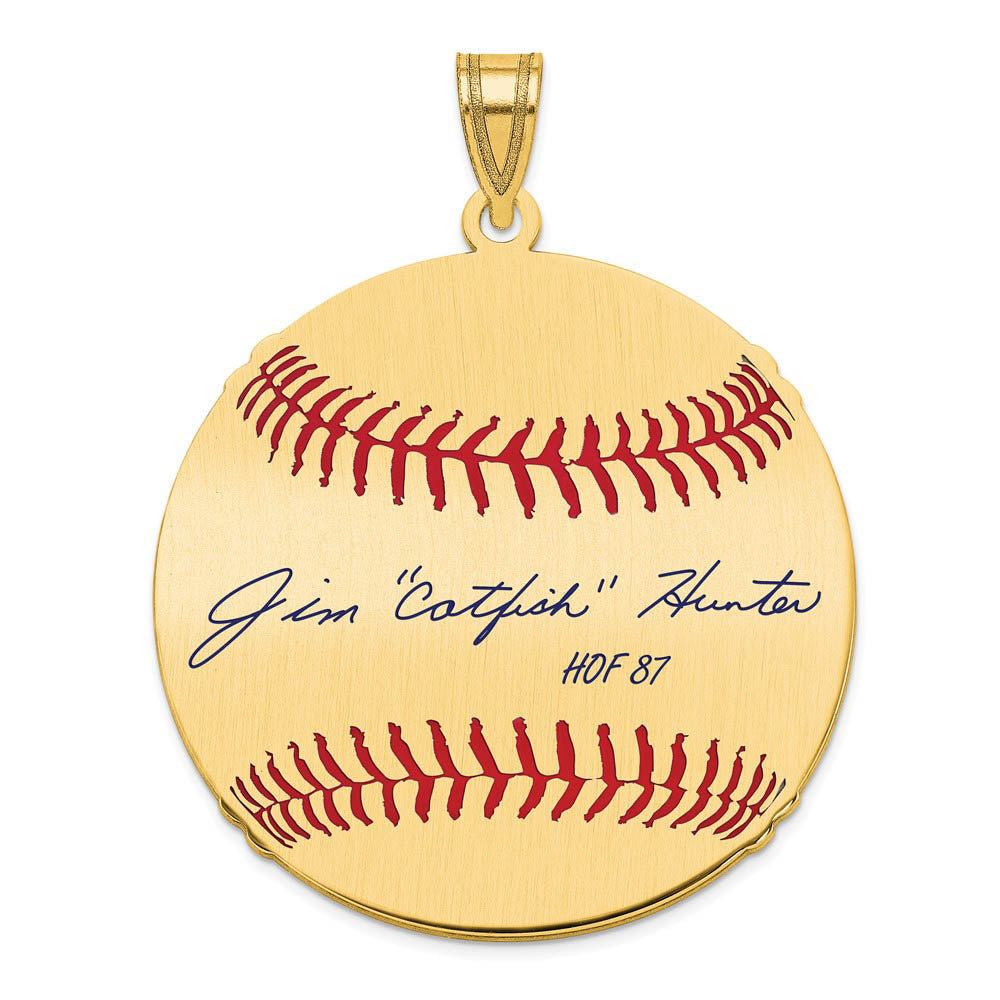 14K Gold Plated Catfish Hunter Signature LG Enamel Baseball Pendant, Item P31183 by The Black Bow Jewelry Co.