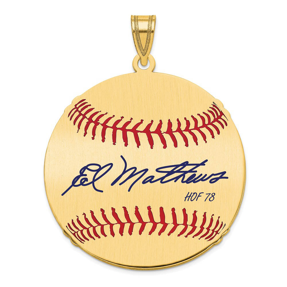 14K Gold Plated Eddie Mathews Signature LG Enamel Baseball Pendant, Item P31189 by The Black Bow Jewelry Co.