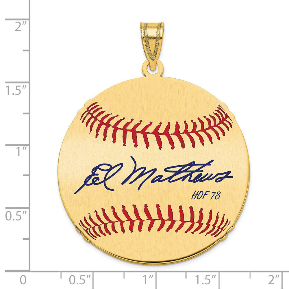 Alternate view of the 14K Gold Plated Eddie Mathews Signature LG Enamel Baseball Pendant by The Black Bow Jewelry Co.