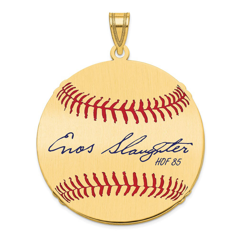 14K Gold Plated Enos Slaughter Signature LG Enamel Baseball Pendant, Item P31190 by The Black Bow Jewelry Co.