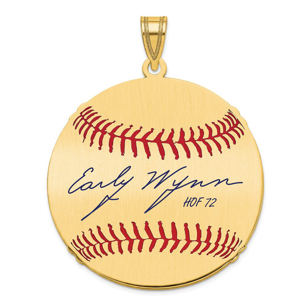 14K Gold Plated Early Wynn Signature LG Enamel Baseball Pendant, Item P31191 by The Black Bow Jewelry Co.