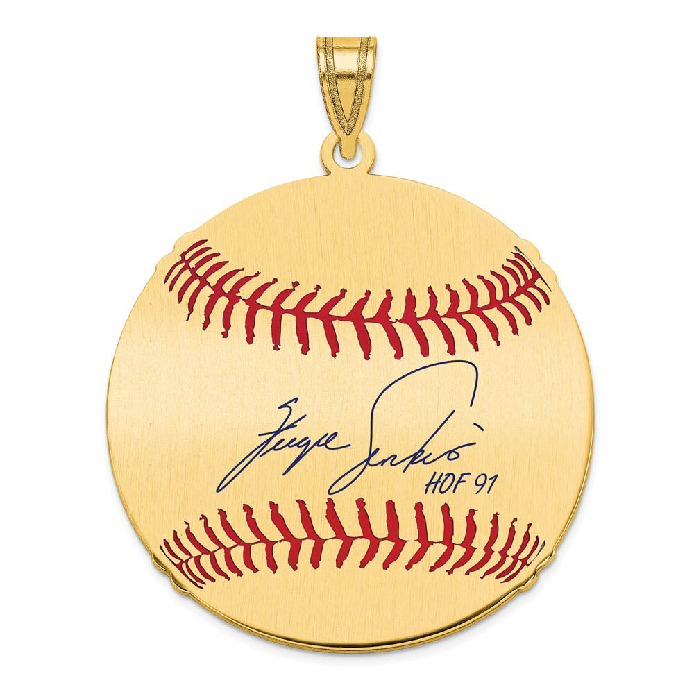 14K Gold Plated Fergie Jenkins Signature LG Enamel Baseball Pendant, Item P31193 by The Black Bow Jewelry Co.