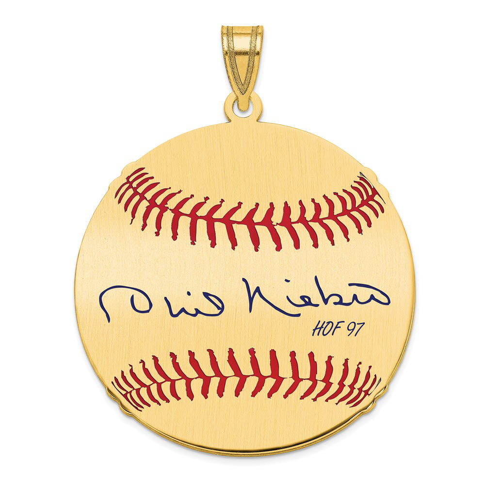 14K Gold Plated Phil Niekro Signature LG Enamel Baseball Pendant, Item P31221 by The Black Bow Jewelry Co.