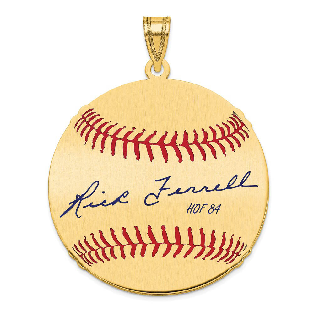 14K Gold Plated Rick Ferrell Signature LG Enamel Baseball Pendant, Item P31226 by The Black Bow Jewelry Co.